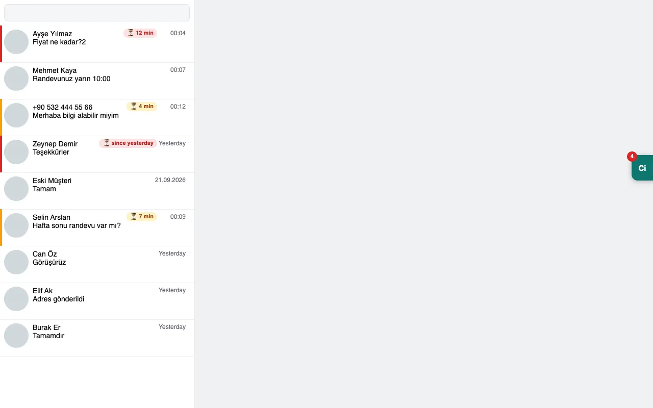 WhatsApp Web chat list with waiting-time badges such as 12 min, 4 min and yesterday next to chats waiting for a reply, and the green Ci tab on the right edge