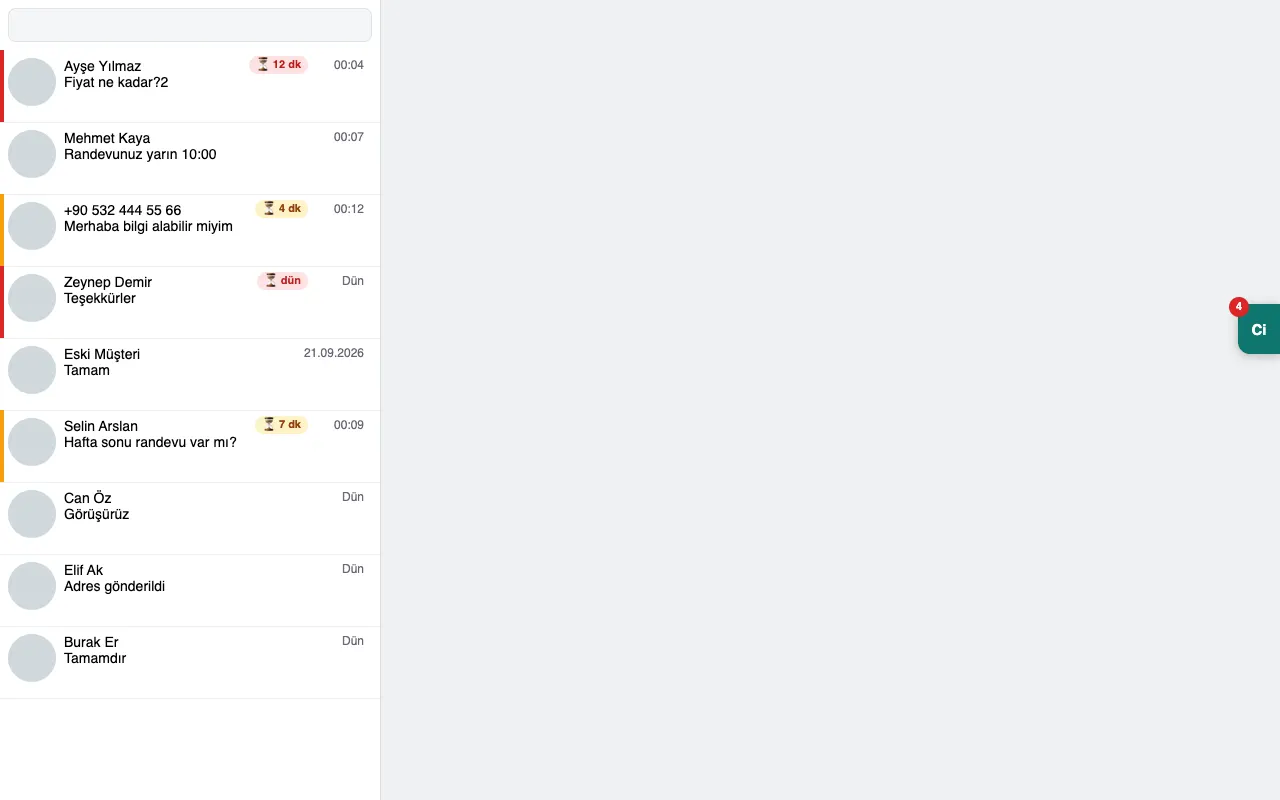 WhatsApp Web sohbet listesinde cevap bekleyen sohbetlerin yanında 12 dk, 4 dk ve dün gibi bekleme süresi rozetleri; sağ kenarda 4 bekleyen gösteren yeşil Ci sekmesi