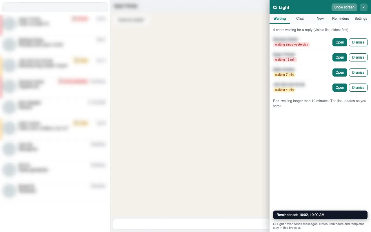 Blurred chat list with hide screen on, and the Waiting tab listing four chats waiting for a reply with their waiting time