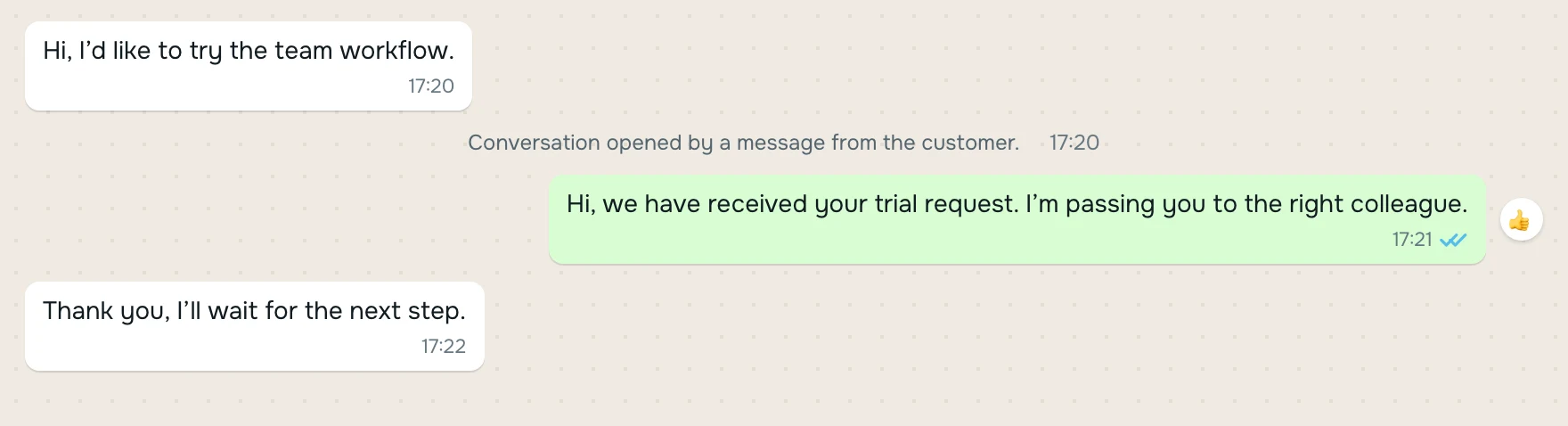 Sample conversation showing a customer message, the Admin reply and the customer’s response.