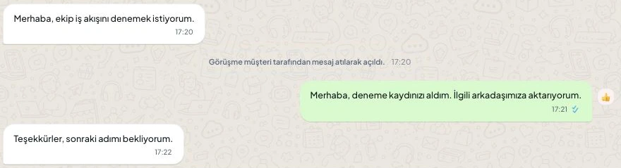 Örnek konuşmada müşterinin mesajı, Admin yanıtı ve müşterinin dönüşü.