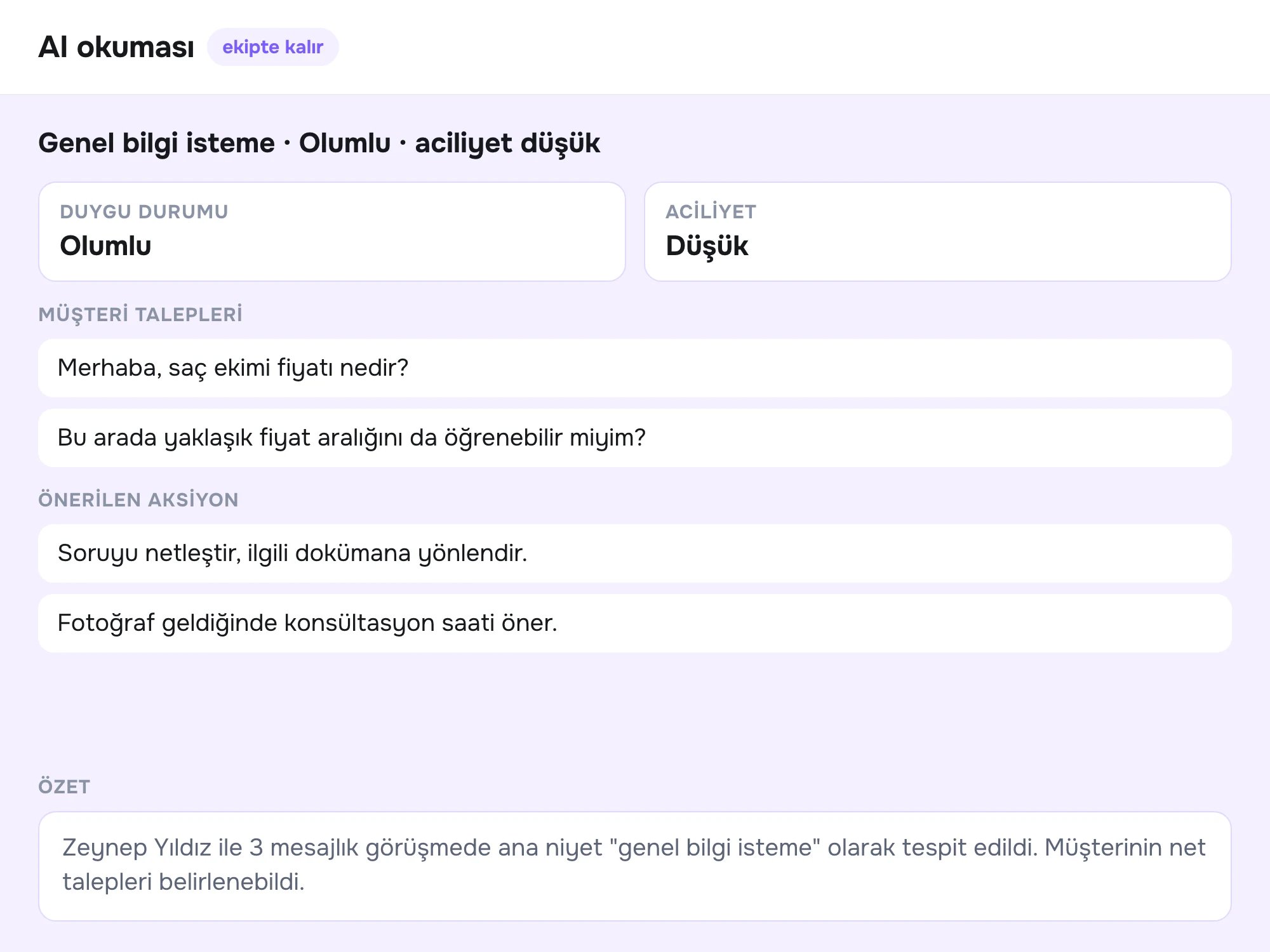 AI okuma kartı: duygu durumu, aciliyet, müşteri talepleri, önerilen aksiyon ve görüşme özeti