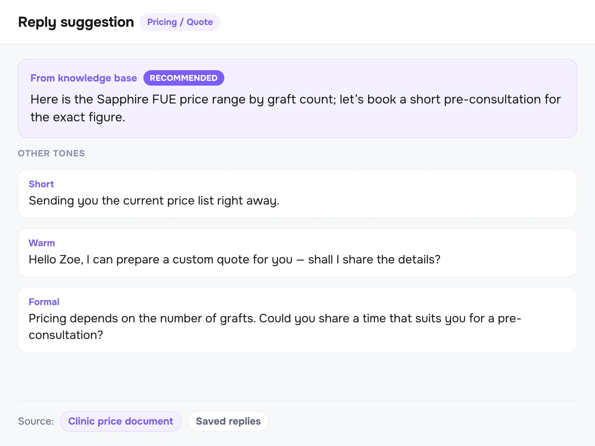 Reply suggestion card: a suggestion fed from the knowledge base, three alternative tones and the sources behind it