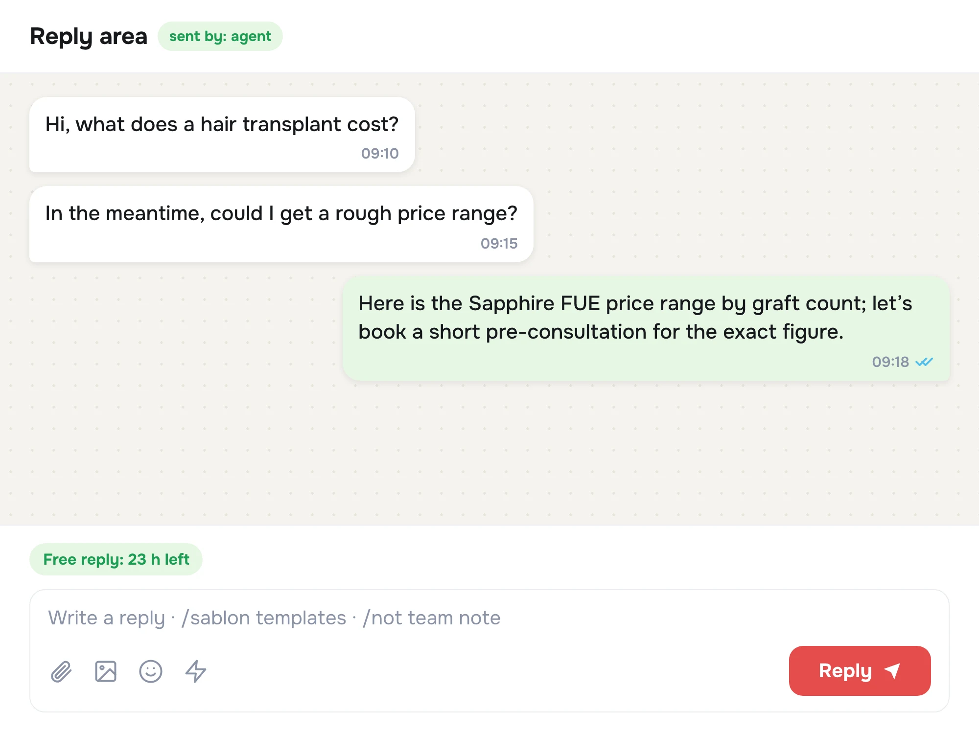 The agent's compose area and Reply button — a person starts the send