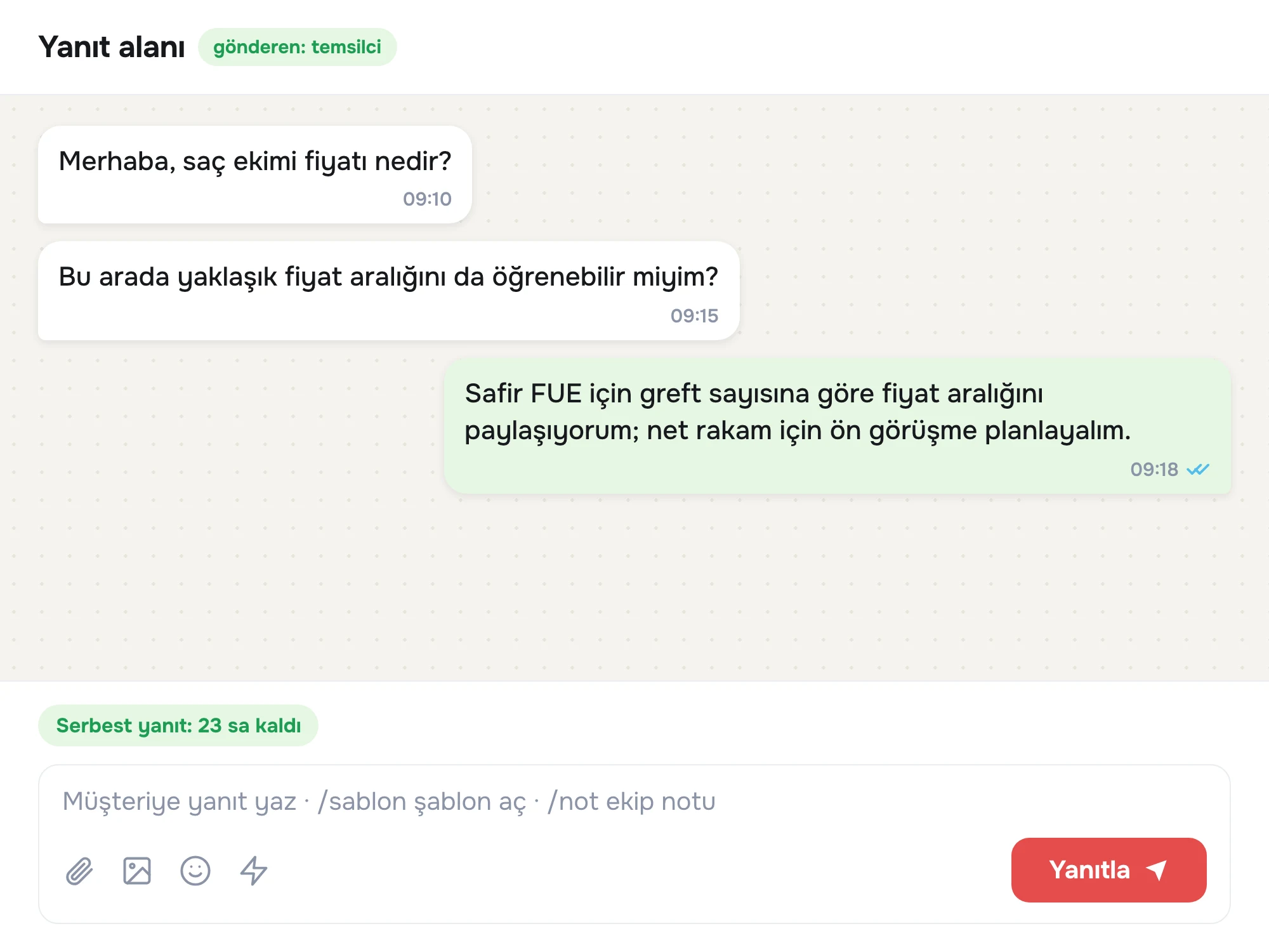 Temsilcinin yazma alanı ve Yanıtla düğmesi — göndermeyi başlatan insandır