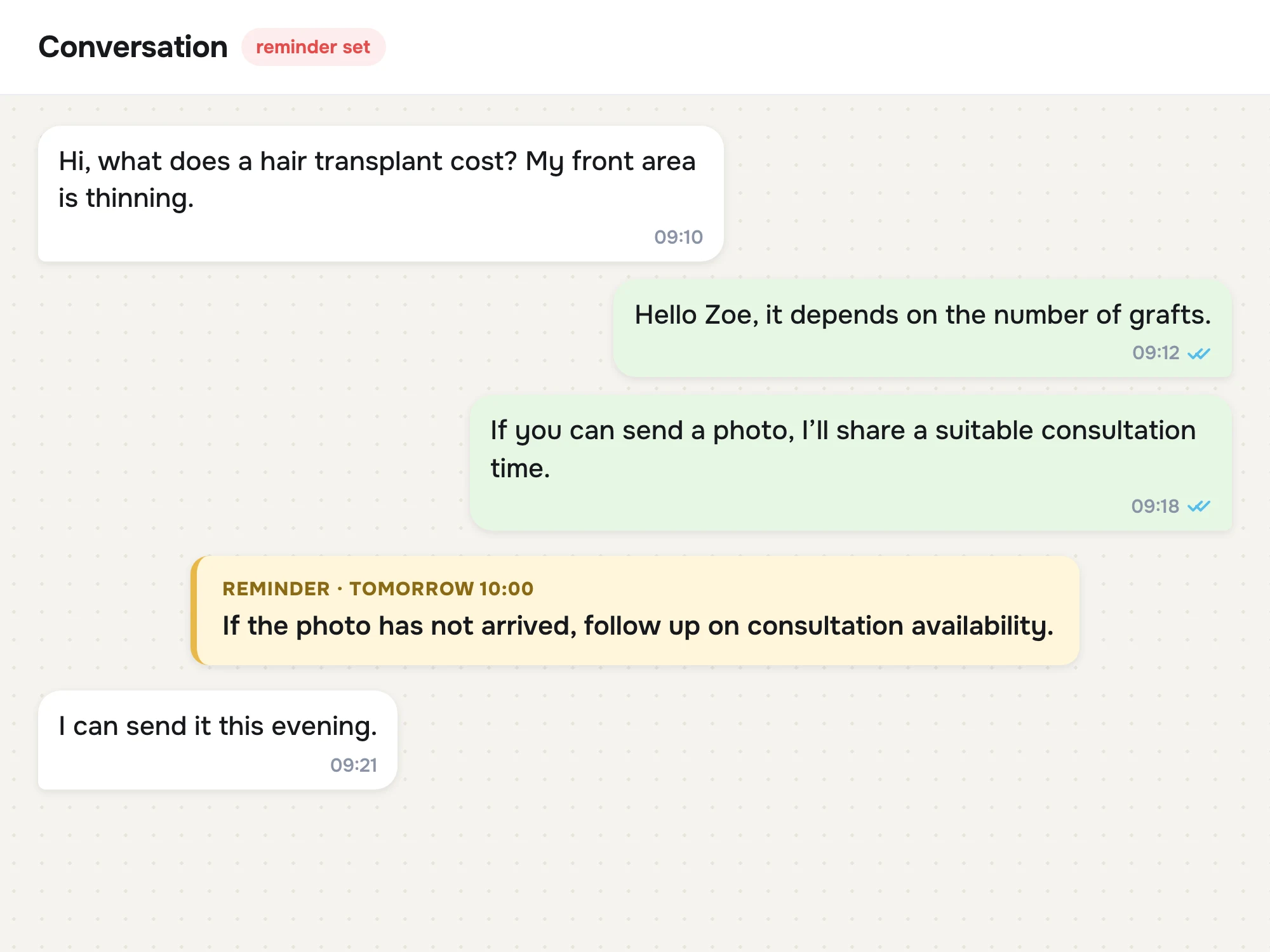 Reminder card inside the conversation: if the photo has not arrived, come back for consultation eligibility