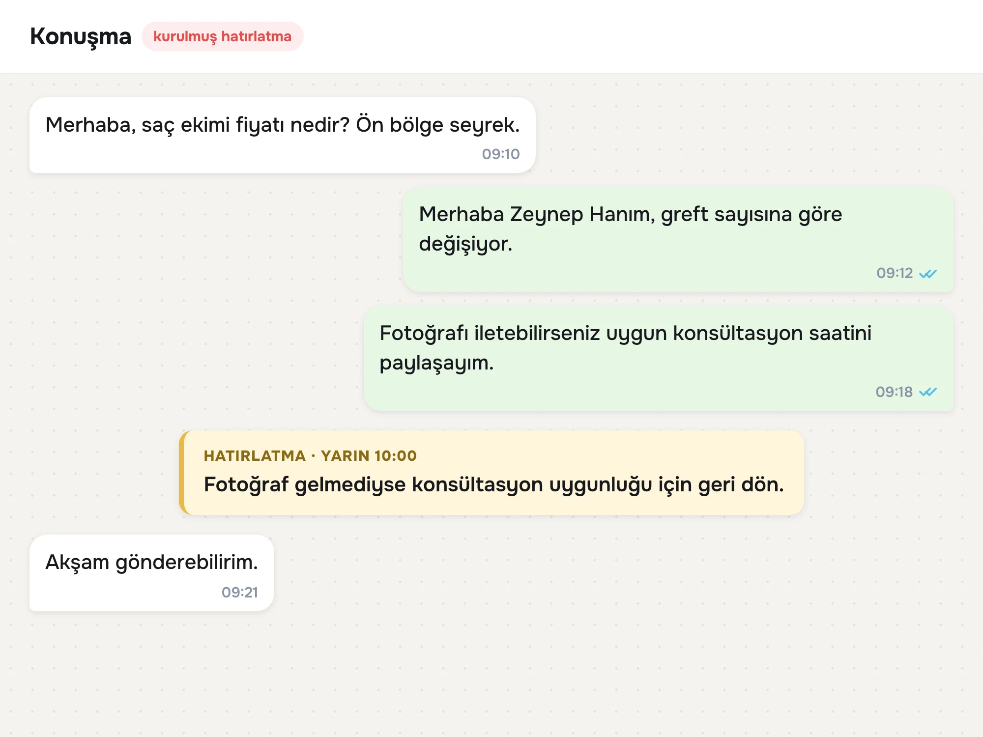 Konuşmanın içinde hatırlatma kartı: fotoğraf gelmediyse konsültasyon uygunluğu için geri dön